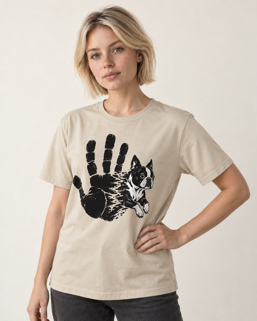 Boston Terrier High Five T-Shirt in Sand, worn by a model
