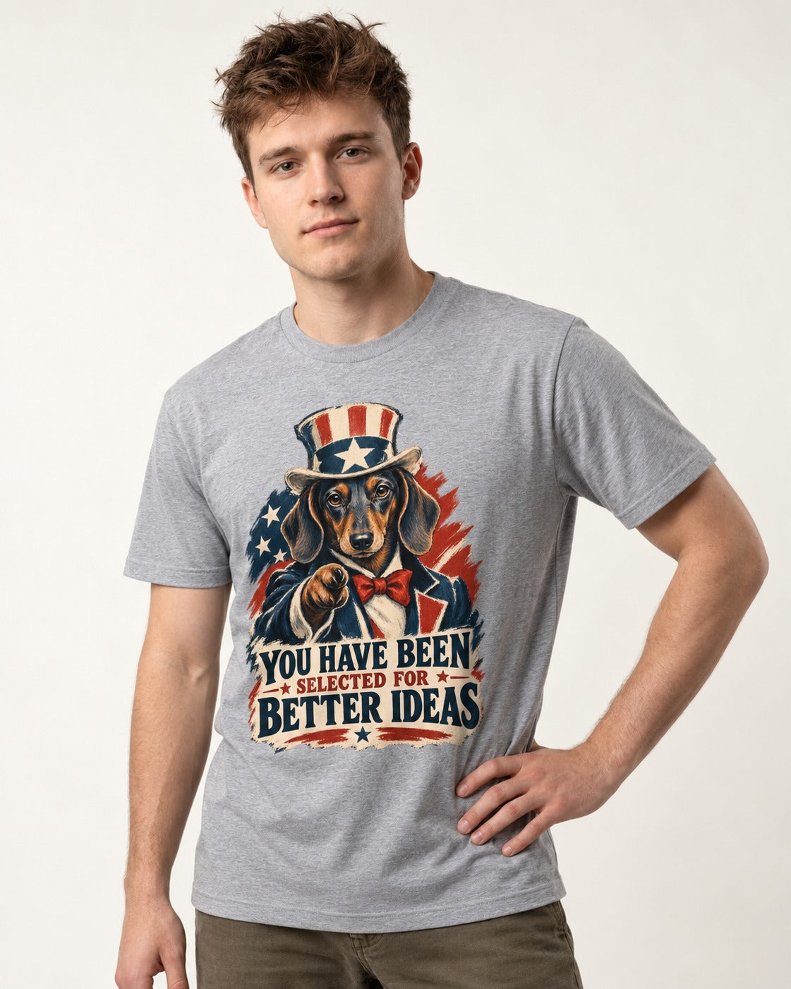 Dachshund Better Ideas T-Shirt in Sport Grey, worn by a model