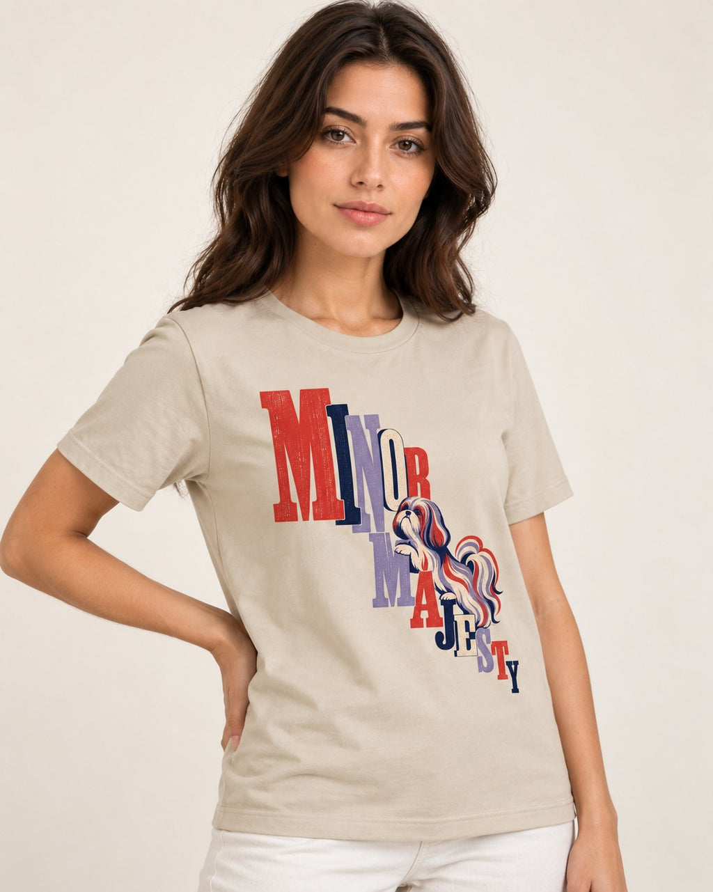 Shih Tzu Minor Majesty T-Shirt in Sand, worn by a model
