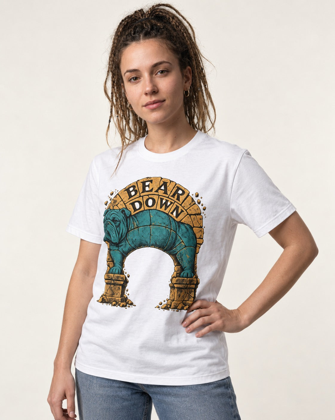 English Bulldog Bear Down Stone Arch Graphic T-Shirt in White, worn by a model
