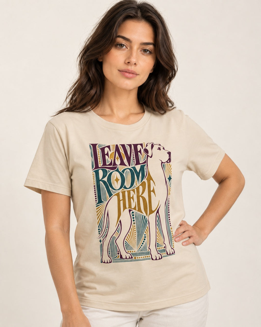 Leave Room for Great Dane T-Shirt in Sand, worn by a model