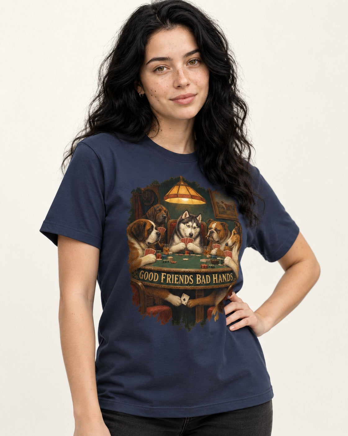 Husky Good Friends Bad Hands Poker Night Graphic T-Shirt in Navy, worn by a model