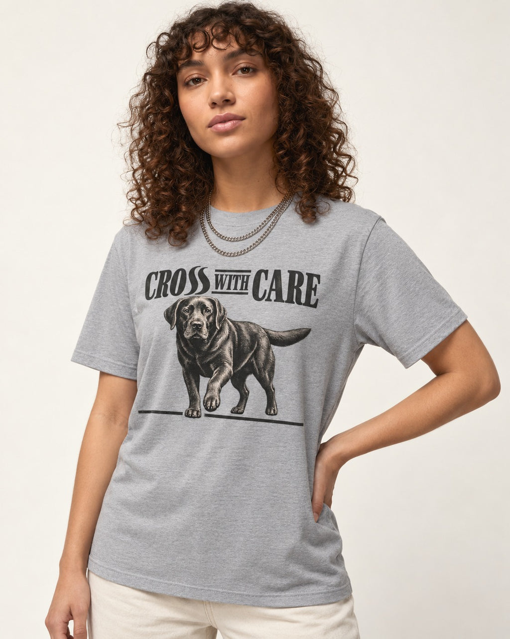 Labrador Retriever Cross with Care T-Shirt in Sport Grey, worn by a model