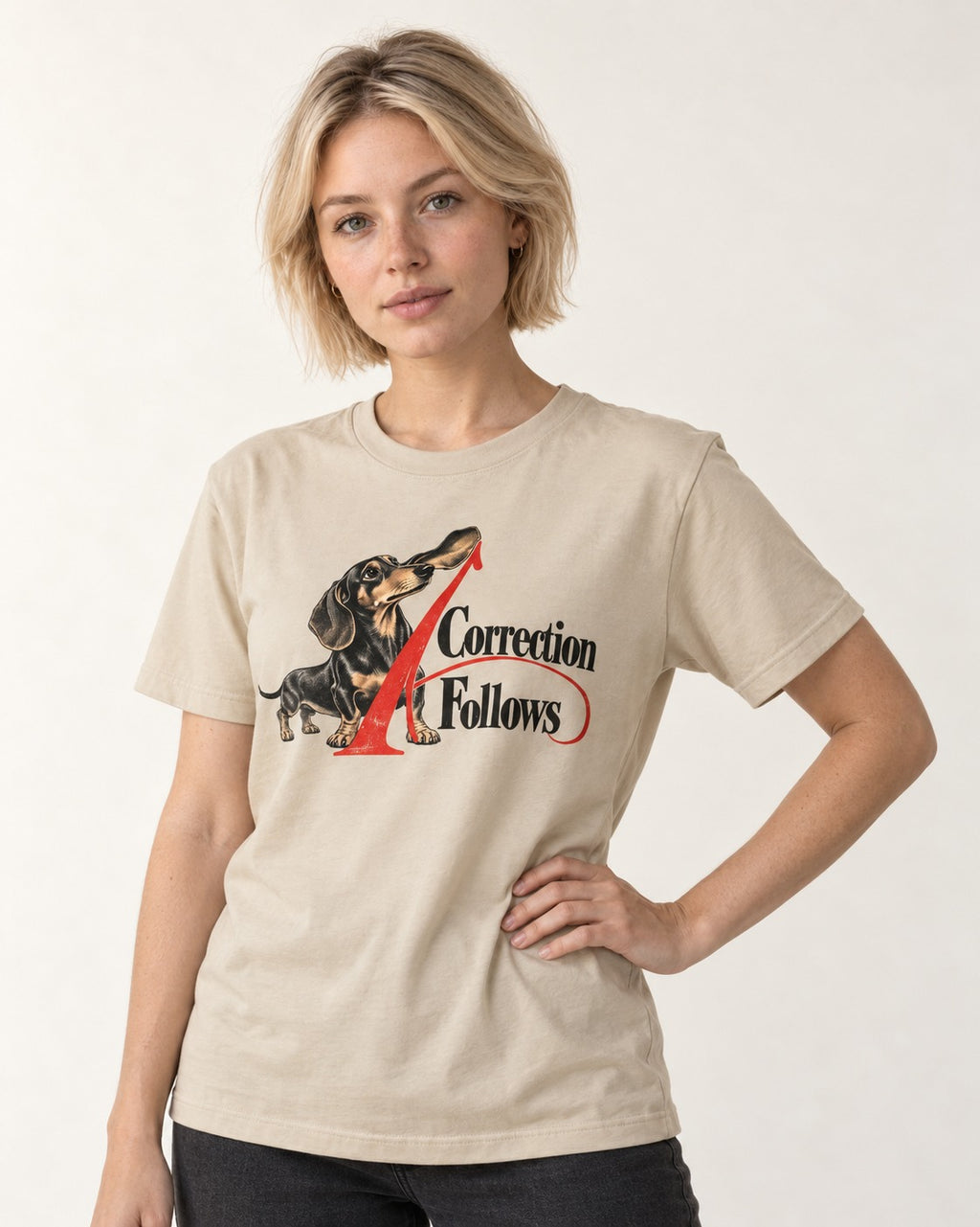 A Dachshund Correction Follows T-Shirt in Sand, worn by a model