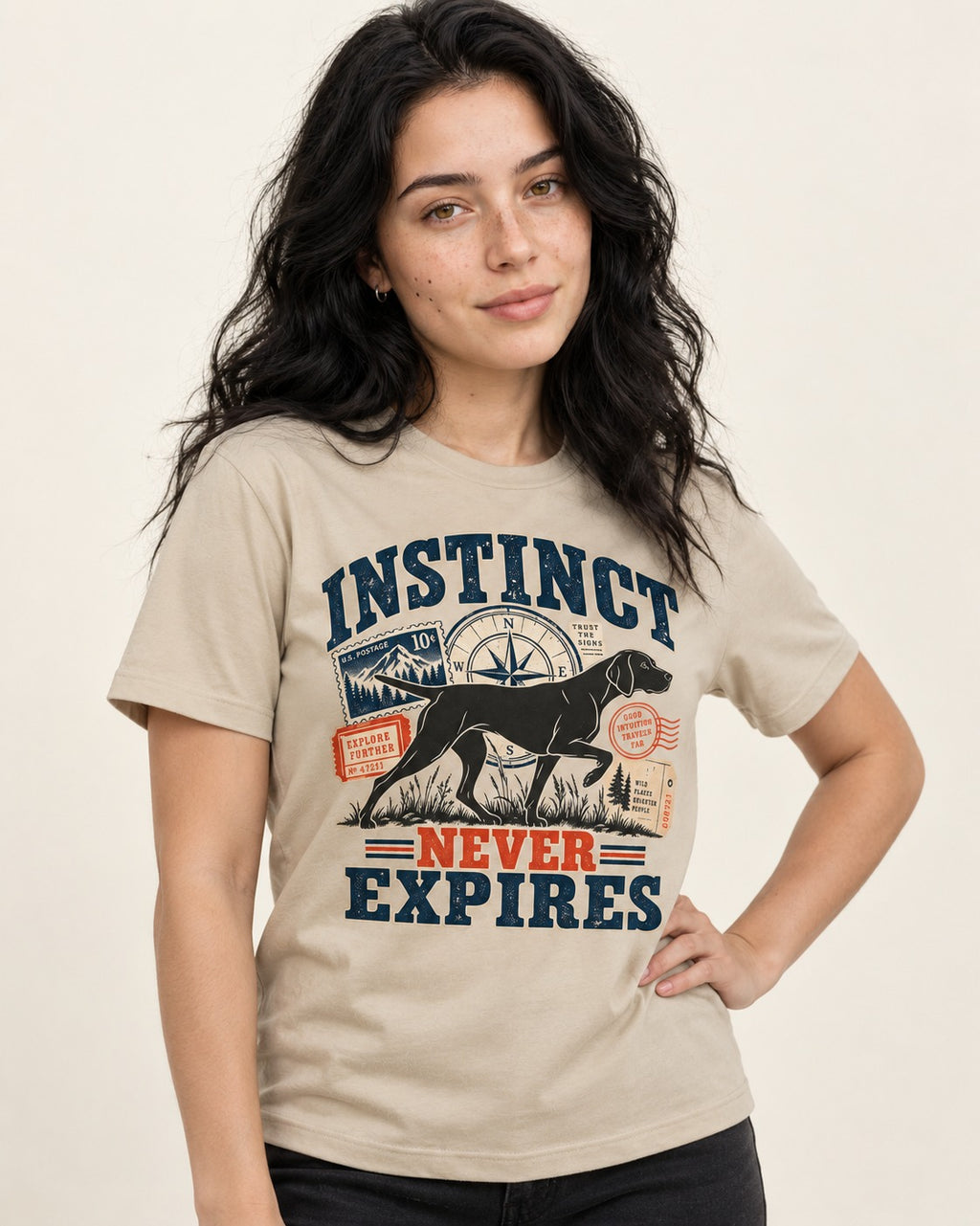 German Shorthaired Pointer Instinct Never Expires T-Shirt in Sand, worn by a model