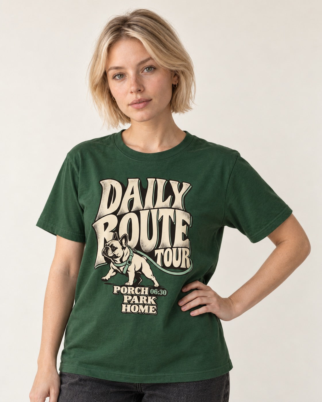 Frenchie Daily Route Tour Graphic T-Shirt in Forest Green, worn by a model
