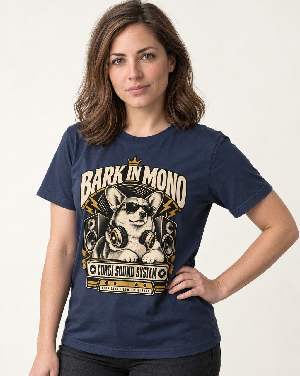 Corgi Bark in Mono Sound System T-Shirt in Navy, worn by a model