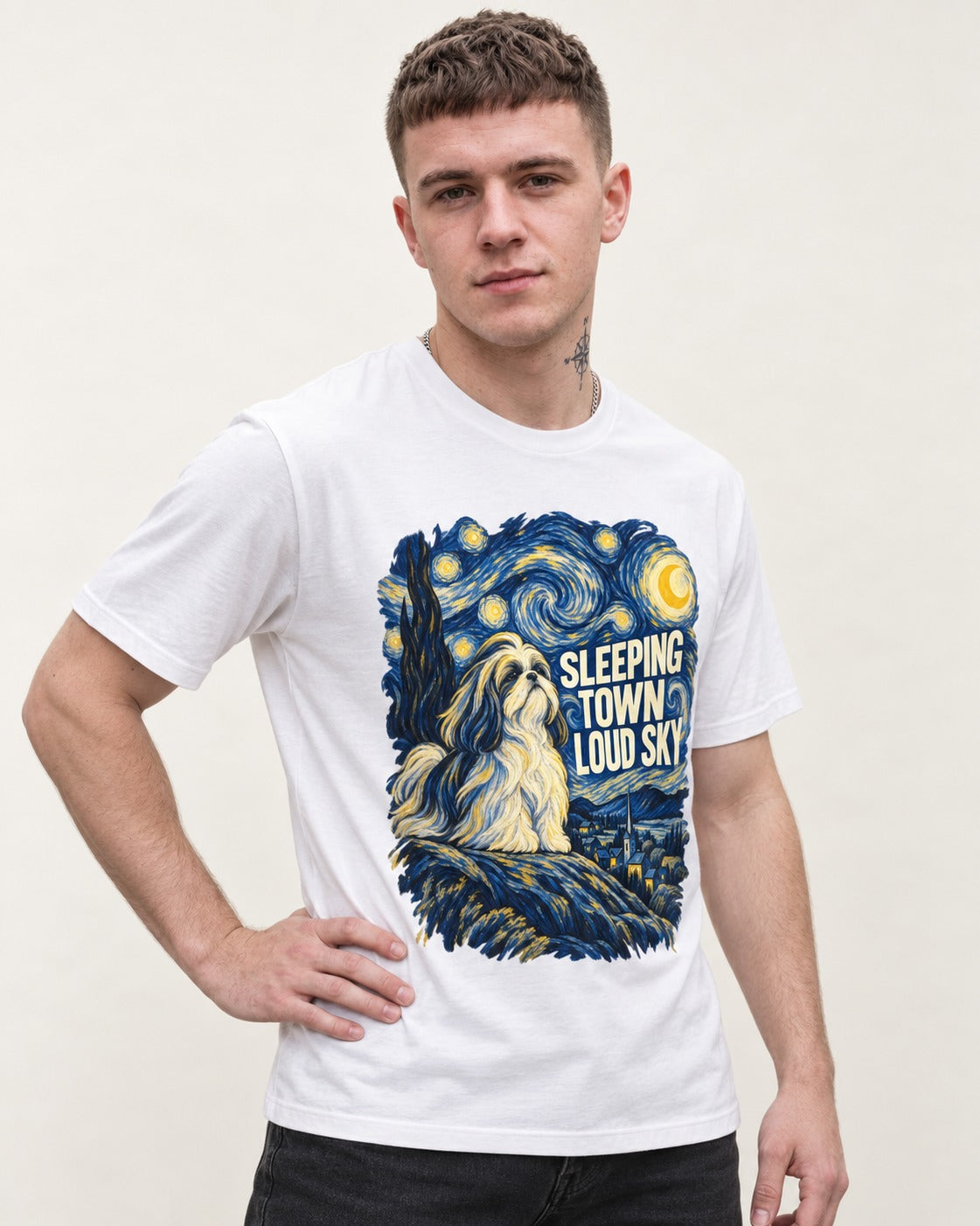 Shih Tzu Sleeping Town Loud Sky Swirling Night Graphic T-Shirt in White, worn by a model