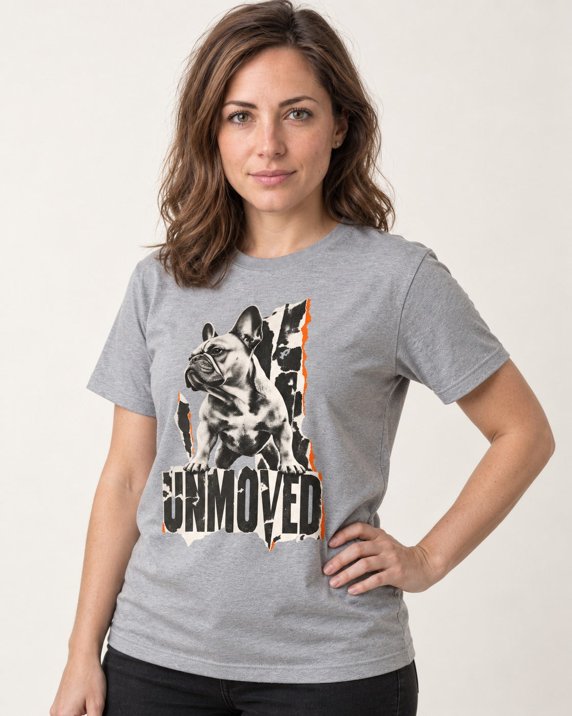 Frenchie Unmoved Torn Poster Graphic T-Shirt in Sport Grey, worn by a model