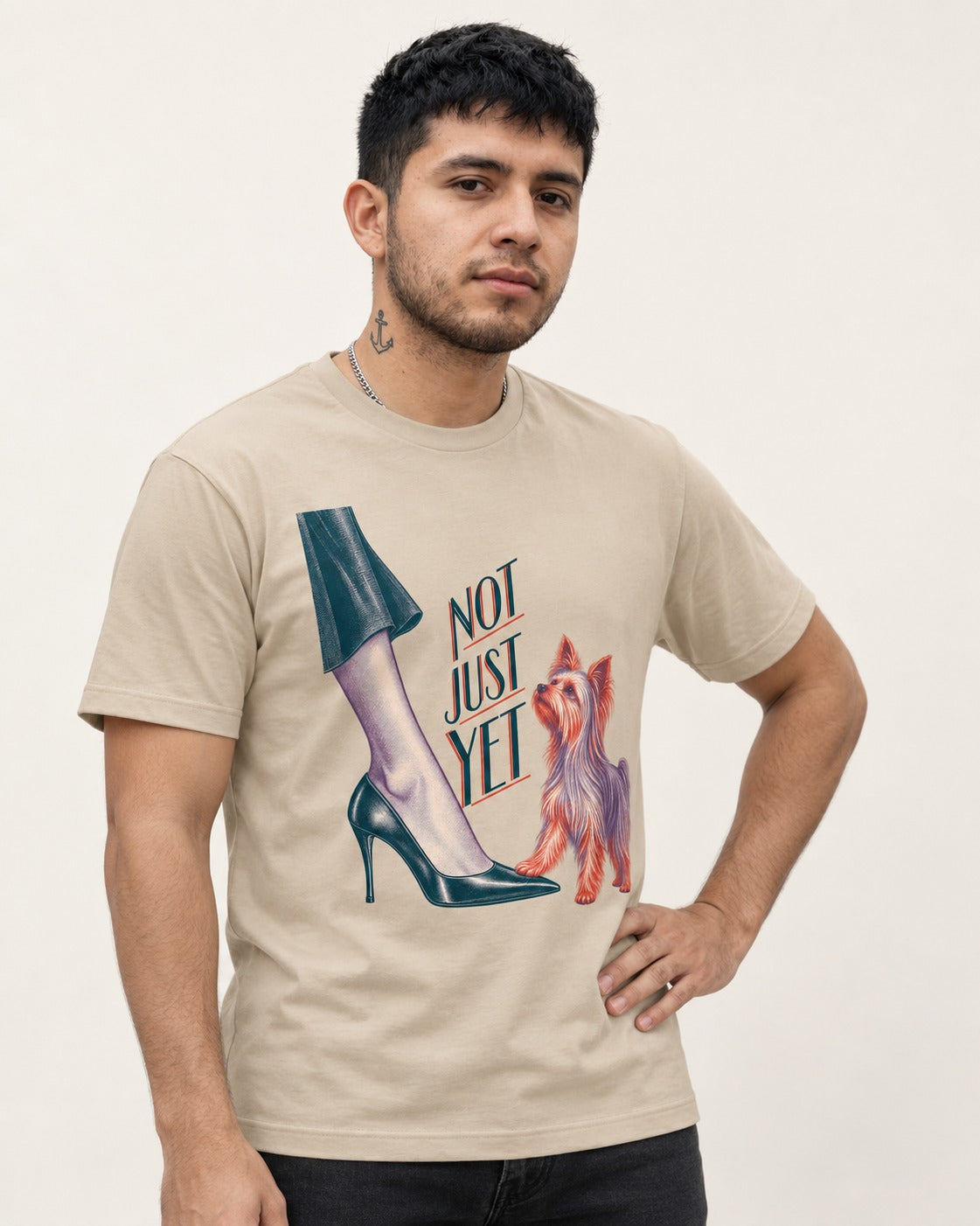 Not Just Yet Yorkshire Terrier T-Shirt in Sand, worn by a model