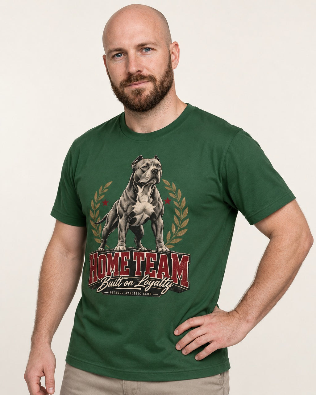 Pitbull Home Team Loyalty Crest Graphic T-Shirt in Forest Green, worn by a model