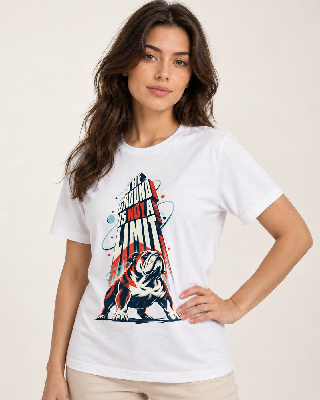 English Bulldog The Ground Is Not a Limit Orbital Graphic T-Shirt in White, worn by a model
