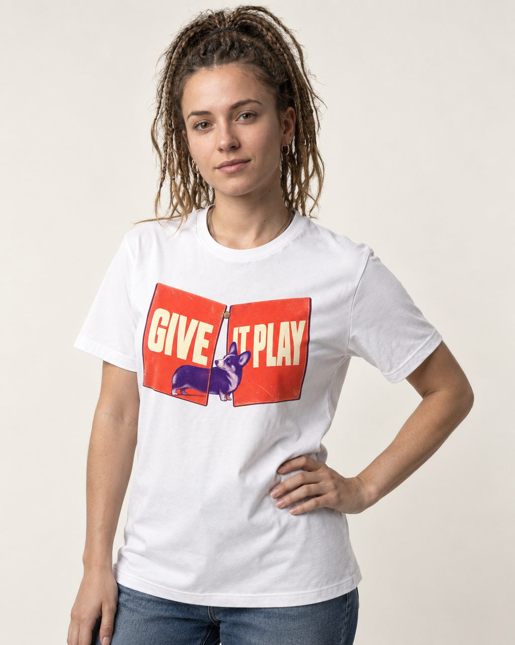 Corgi Give It Play Folding Panels T-Shirt in White, worn by a model