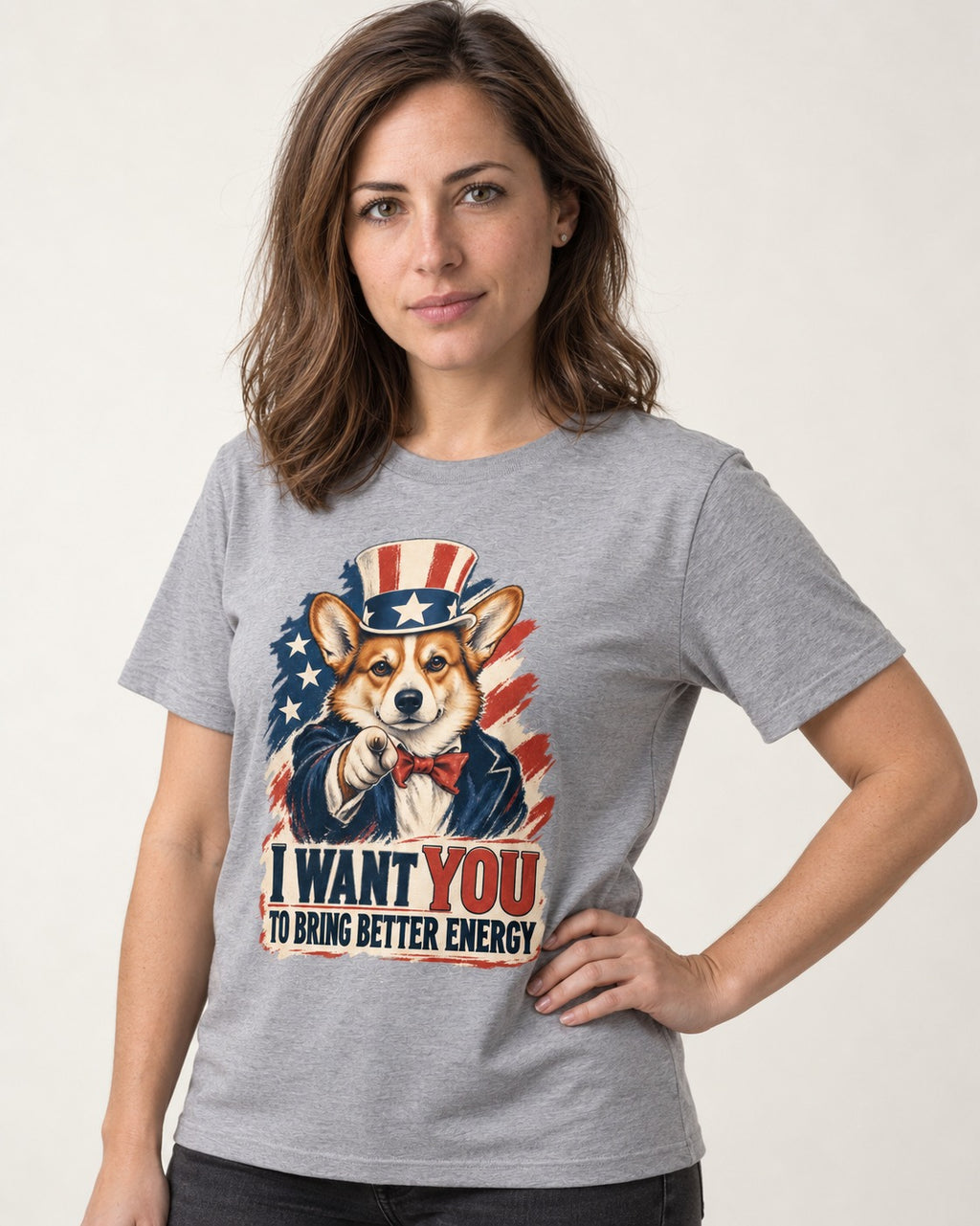 Corgi I Want You to Bring Better Energy Uncle Sam T-Shirt in Sport Grey, worn by a model