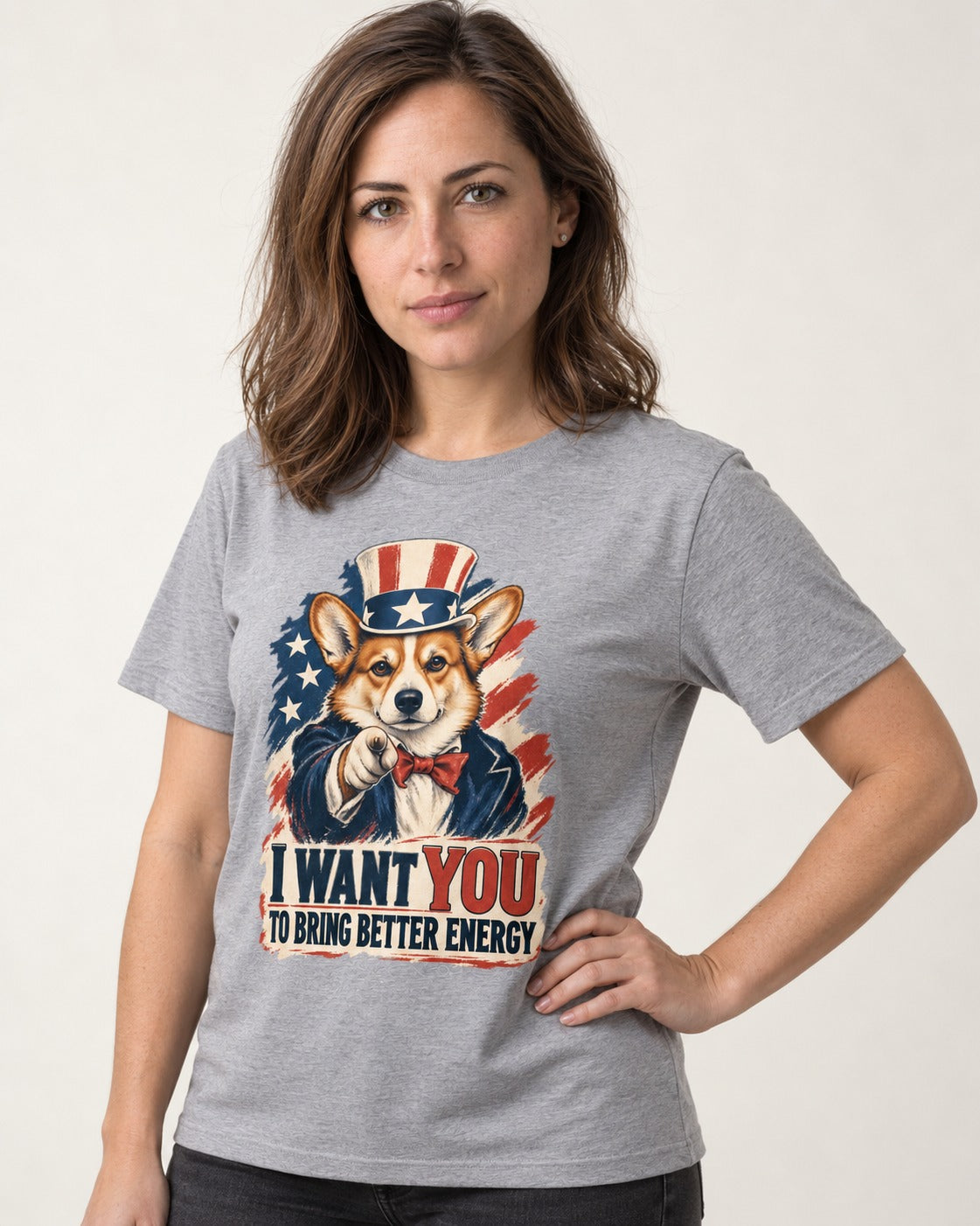 Corgi I Want You to Bring Better Energy Uncle Sam T-Shirt in Sport Grey, worn by a model