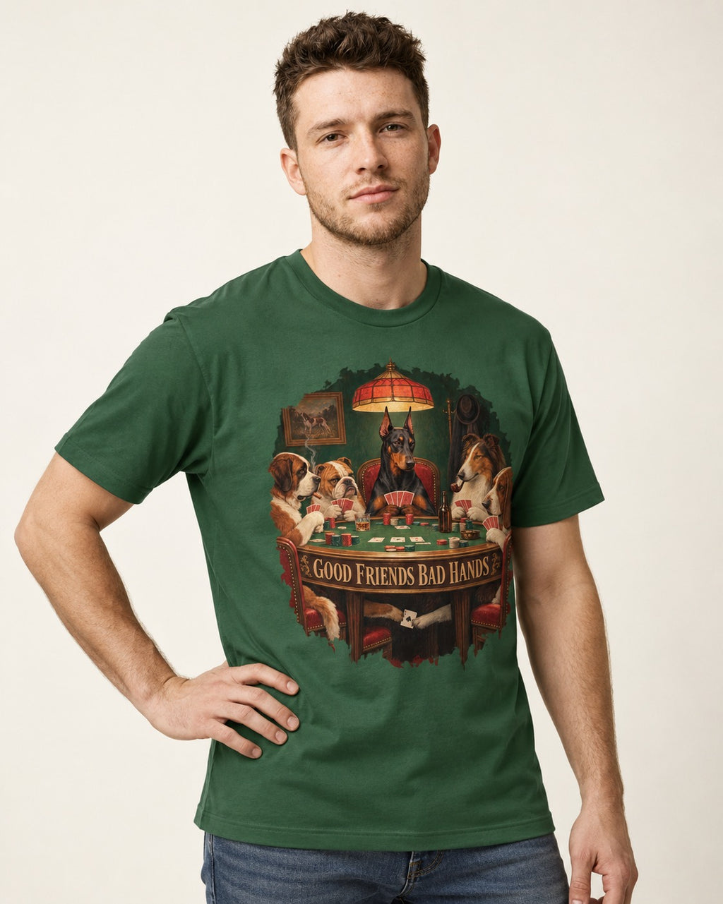 Doberman Good Friends Bad Hands Poker Night Graphic T-Shirt in Forest Green, worn by a model