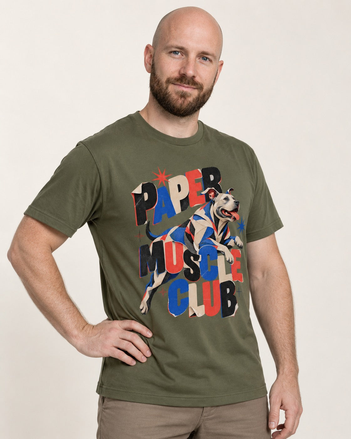 Pitbull Paper Muscle Club Collage Graphic T-Shirt in Heather Military Green, worn by a model