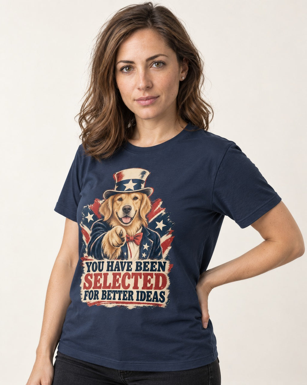 You Have Been Selected for Better Ideas Uncle Sam Golden Retriever Graphic T-Shirt in Navy, worn by a model