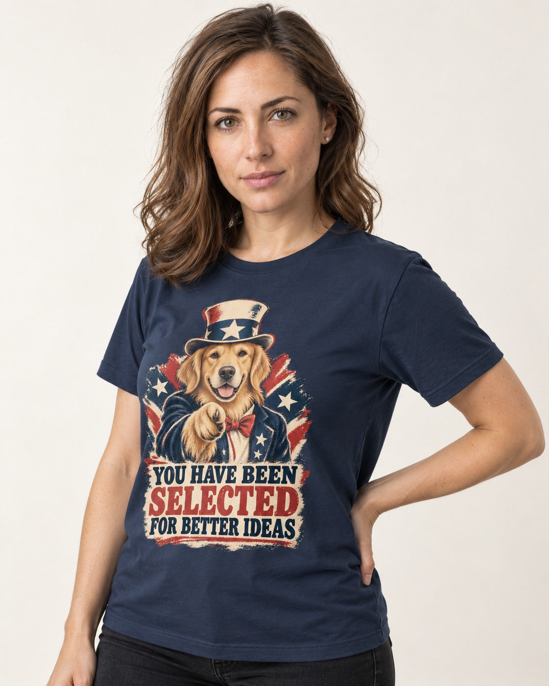 You Have Been Selected for Better Ideas Uncle Sam Golden Retriever Graphic T-Shirt in Navy, worn by a model