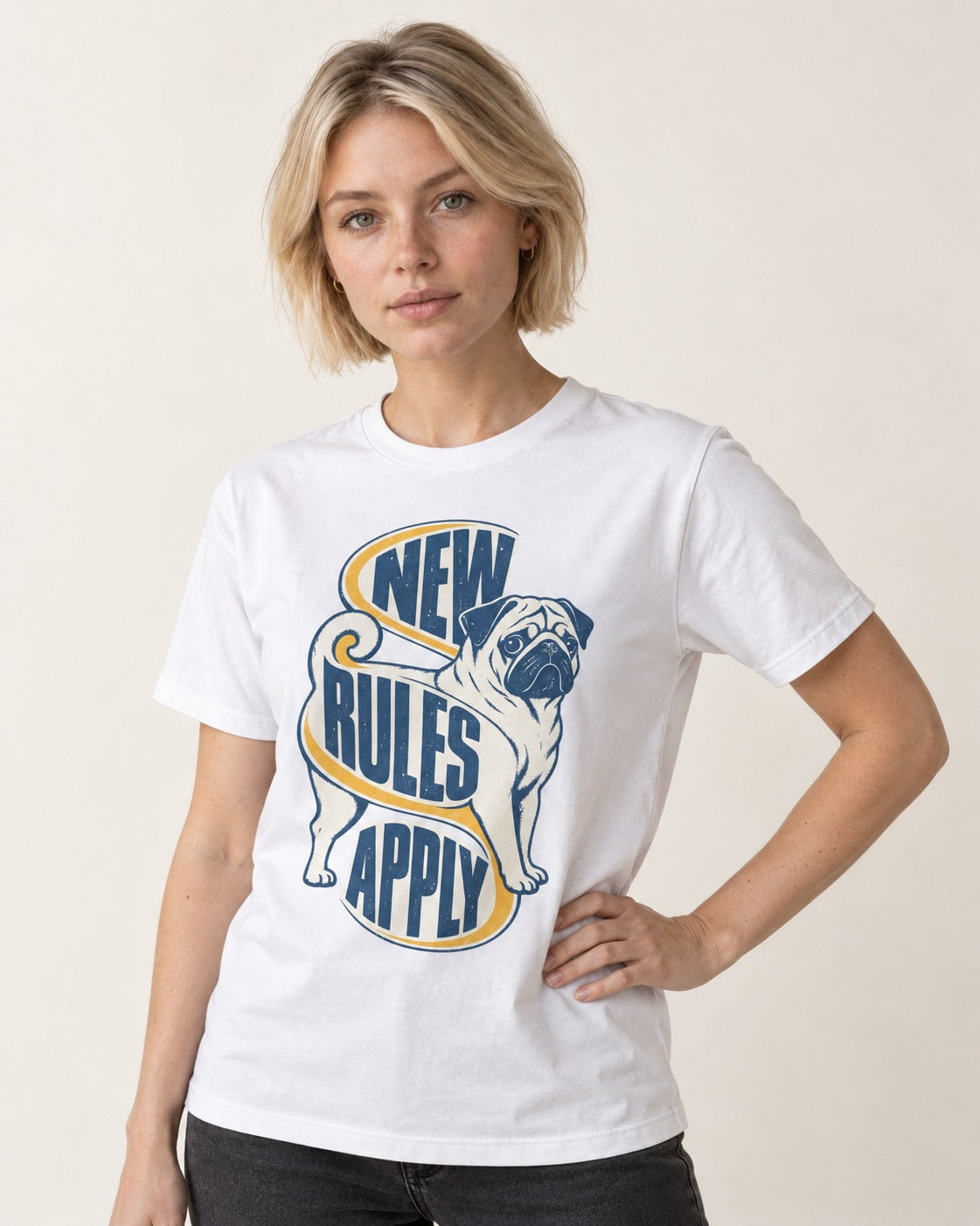 Pug New Rules Apply Ribbon Graphic T-Shirt in White, worn by a model