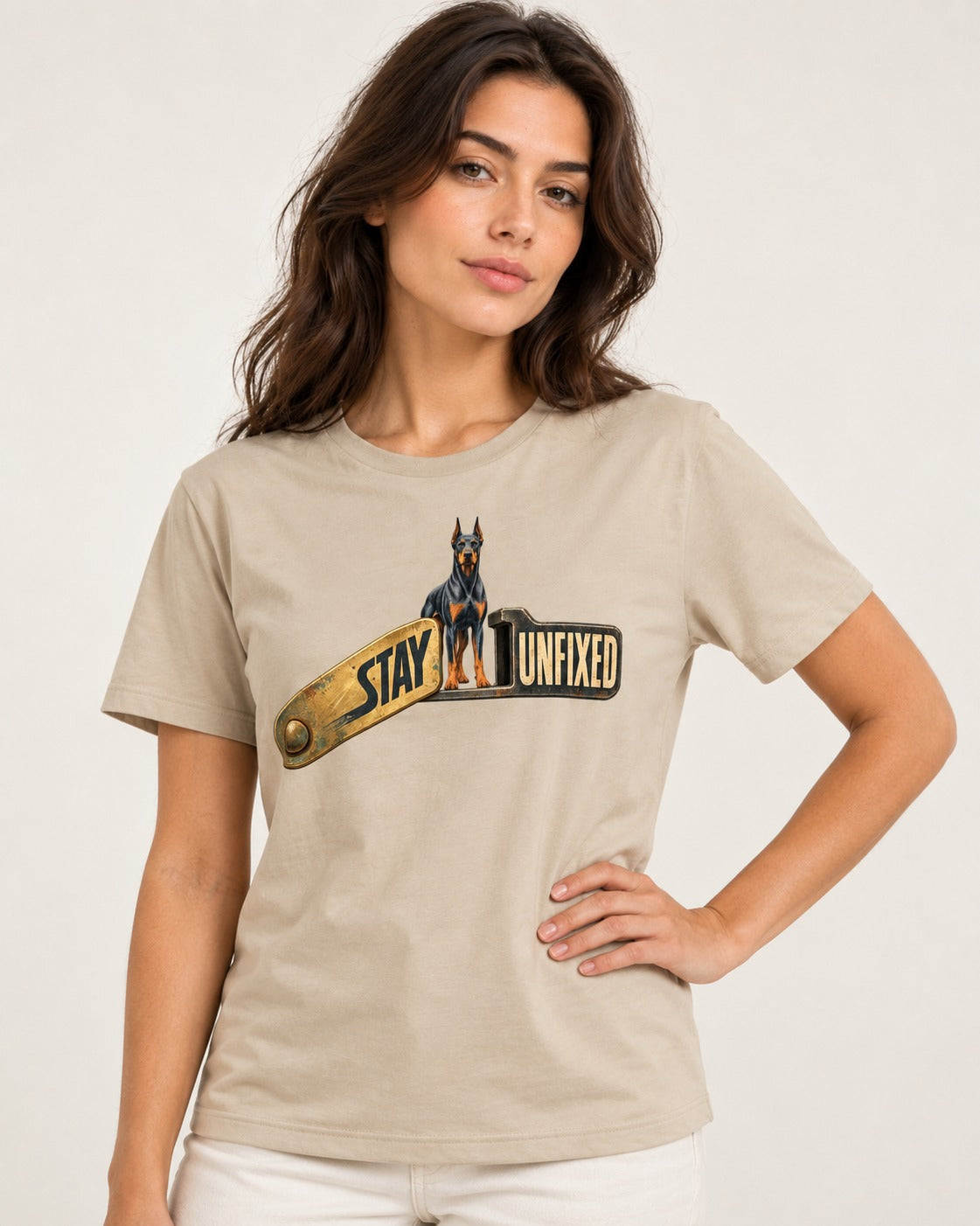 Doberman Stay Unfixed T-Shirt in Sand, worn by a model