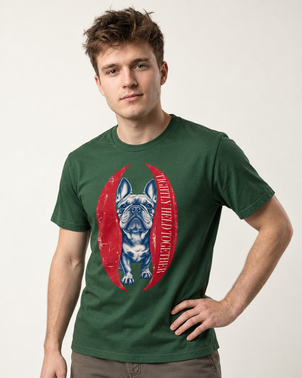 Frenchie Tightly Held Together Red Oval Graphic T-Shirt in Forest Green, worn by a model