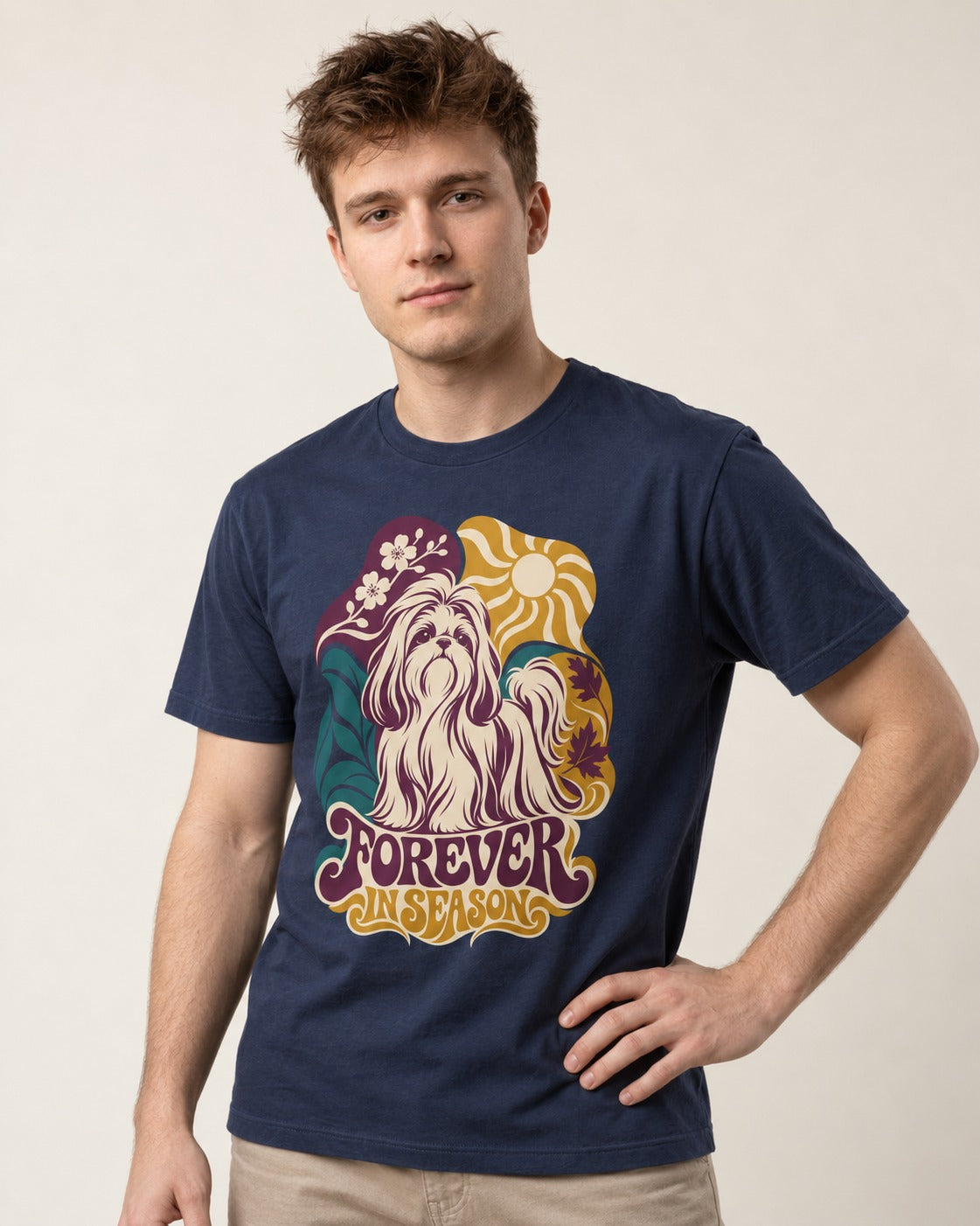 Shih Tzu Forever in Season Botanical Sun Graphic T-Shirt in Navy, worn by a model