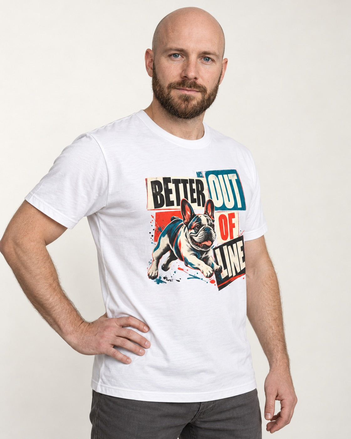 Frenchie Better Out of Line Running Graphic T-Shirt in White, worn by a model