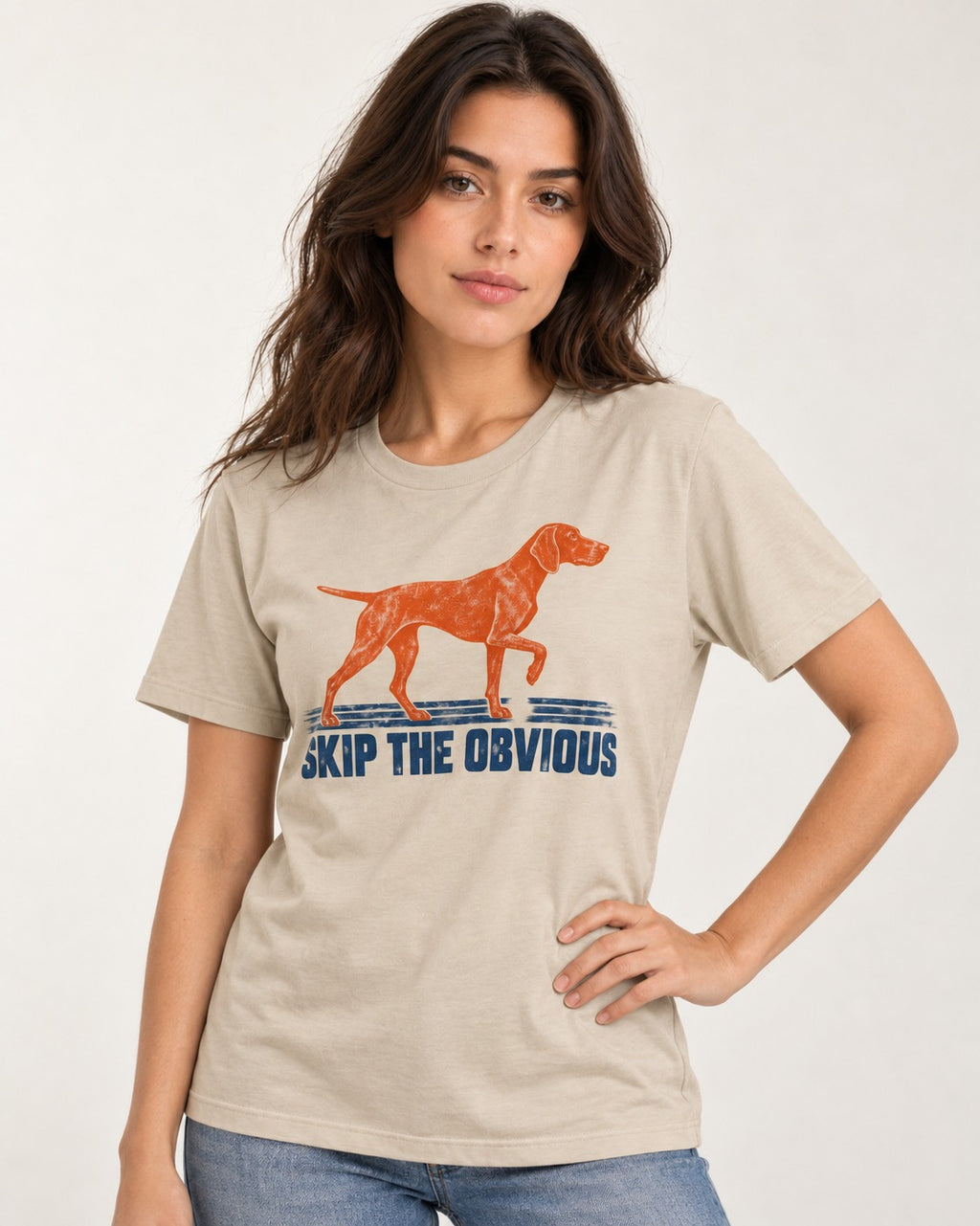 Skip the Obvious German Shorthaired Pointer T-Shirt in Sand, worn by a model