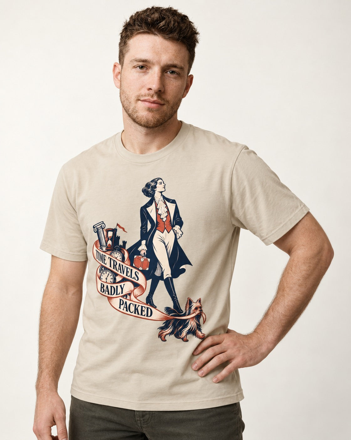 Time Travels Badly Packed Yorkshire Terrier T-Shirt in Sand, worn by a model