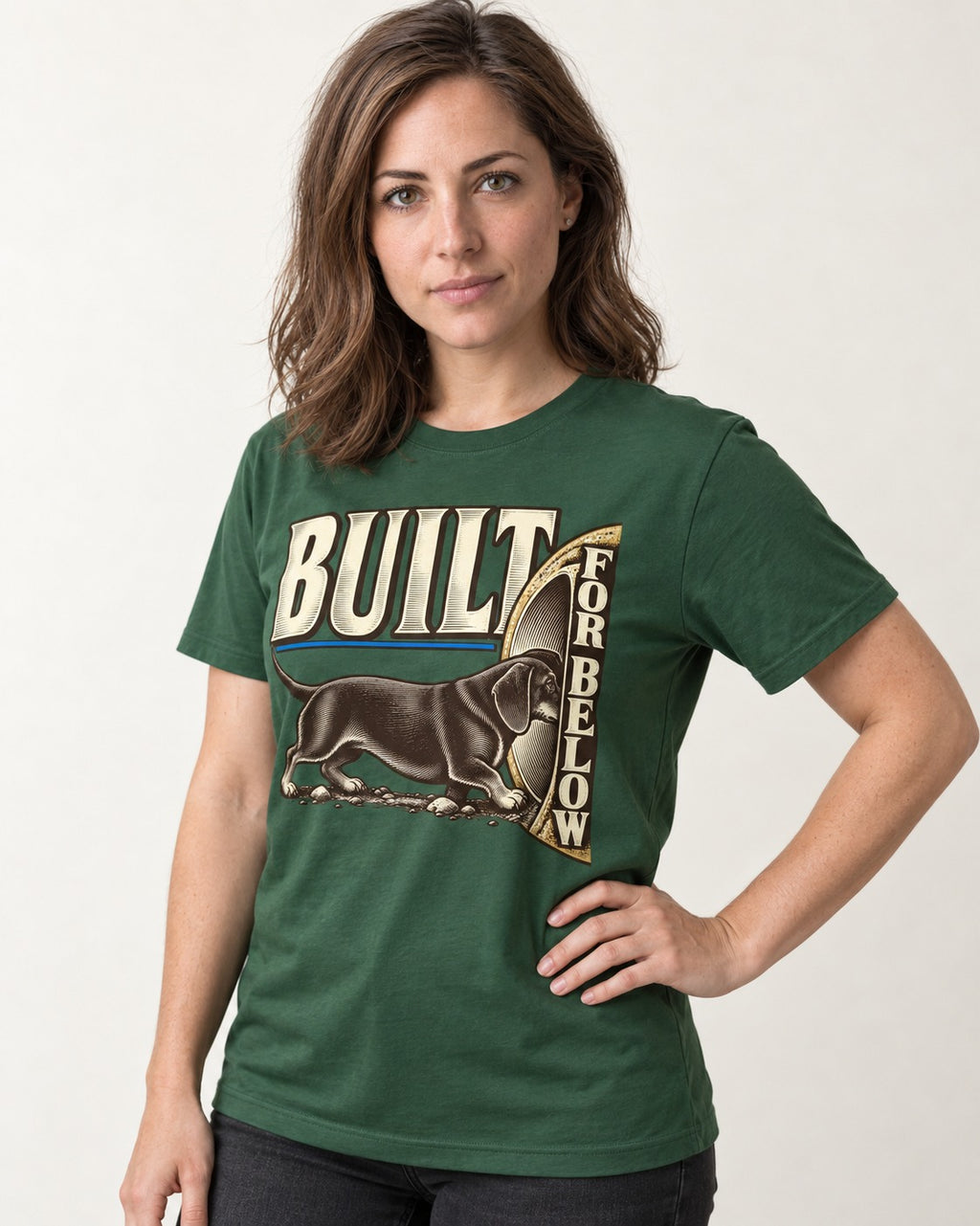 Dachshund Built for Below Vintage Burrow Graphic T-Shirt in Forest Green, worn by a model