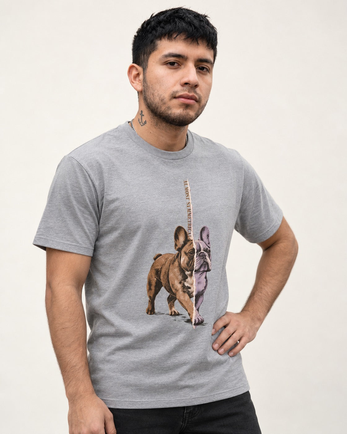Frenchie Almost Symmetrical Torn Split Graphic T-Shirt in Sport Grey, worn by a model