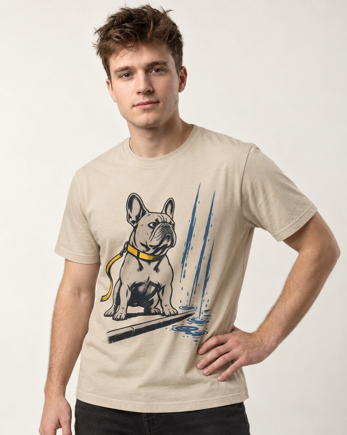 Frenchie Has Standards T-Shirt in Sand, worn by a model