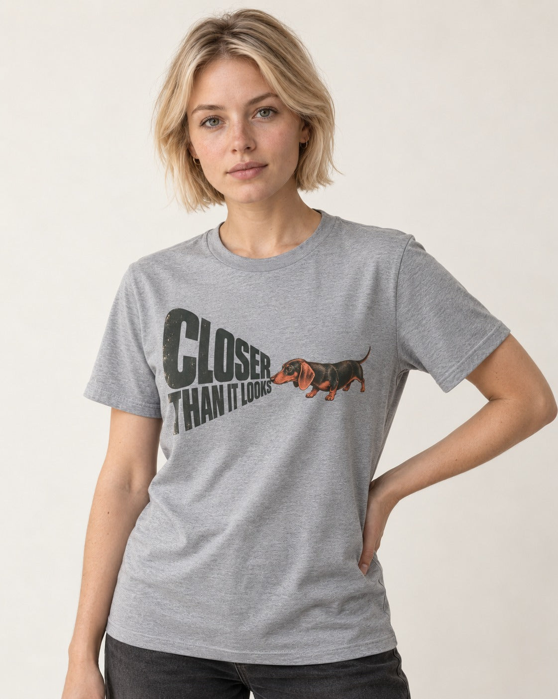 Dachshund Closer Than It Looks T-Shirt in Sport Grey, worn by a model