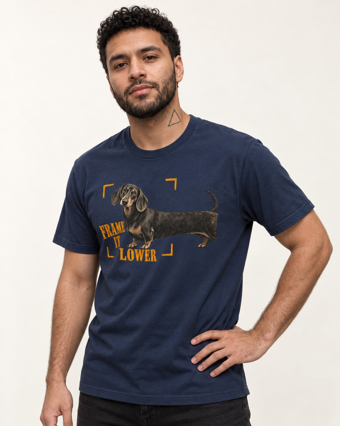 Dachshund Frame It Lower Viewfinder Graphic T-Shirt in Navy, worn by a model