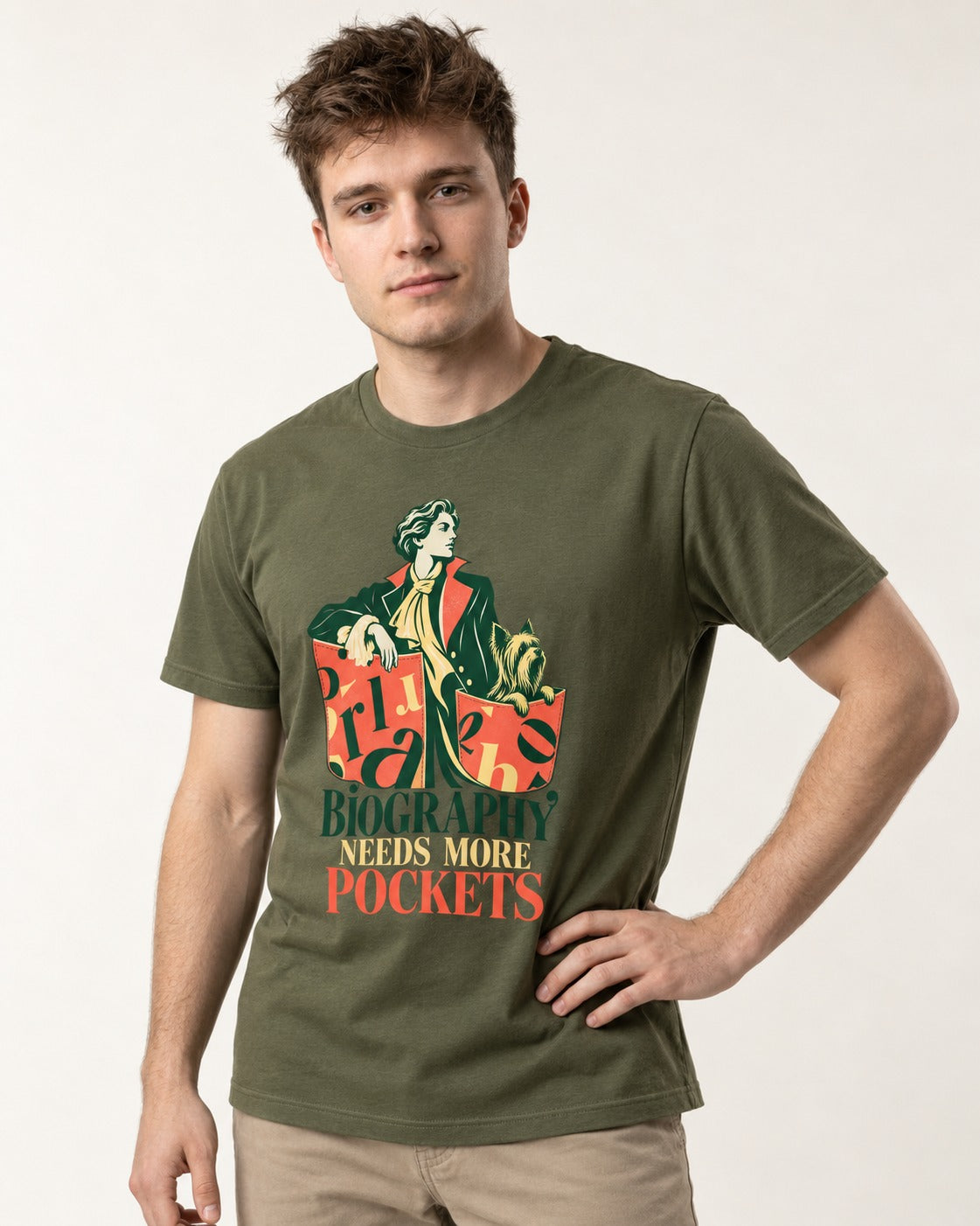 Yorkshire Terrier Biography Needs More Pockets Literary Portrait Graphic T-Shirt in Heather Military Green, worn by a model