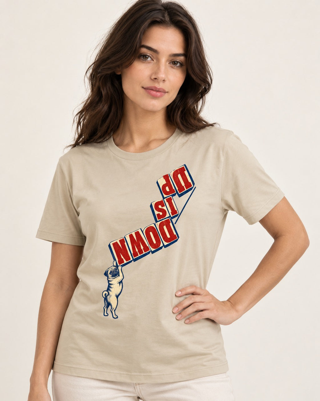 Down Is Up Pug T-Shirt in Sand, worn by a model