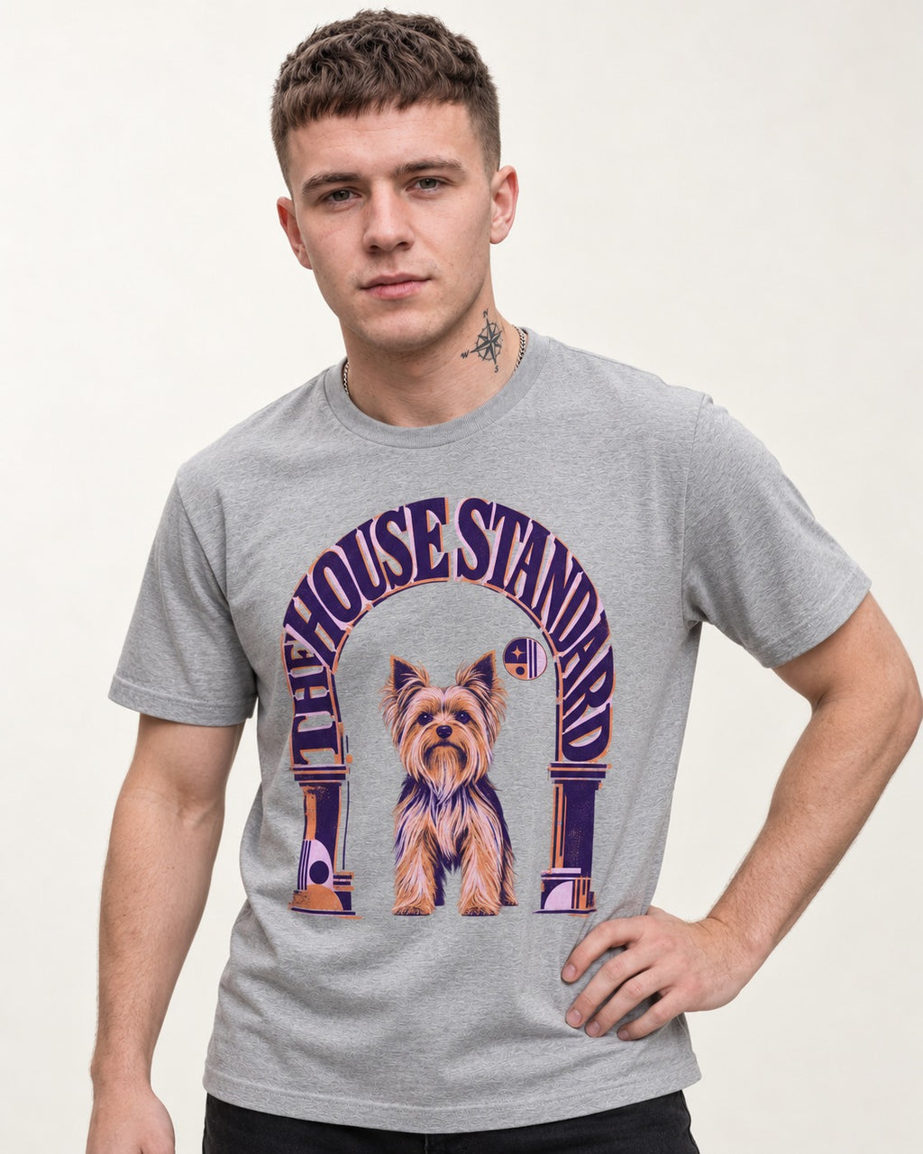 The Yorkshire Terrier House Standard T-Shirt in Sport Grey, worn by a model