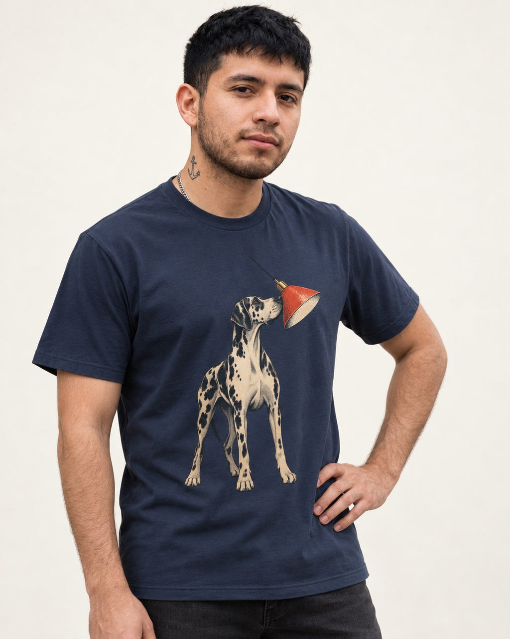 Great Dane Inspecting Hanging Lamp Graphic T-Shirt in Navy, worn by a model