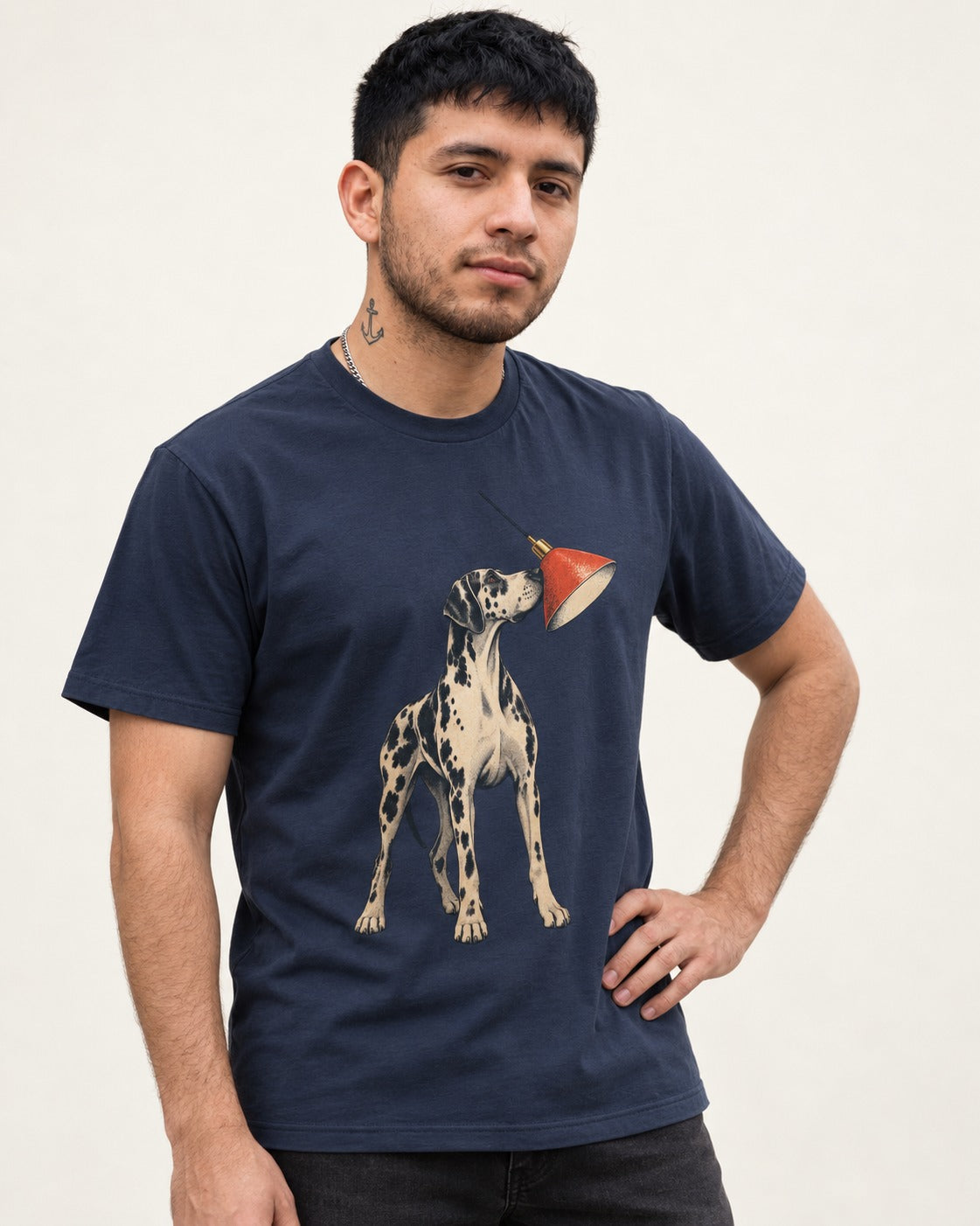 Great Dane Inspecting Hanging Lamp Graphic T-Shirt in Navy, worn by a model