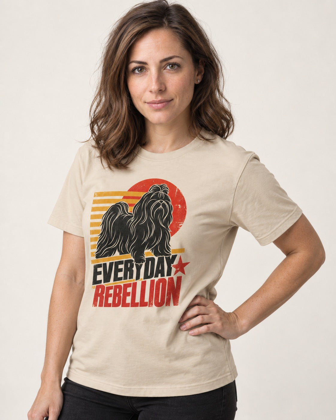 Everyday Rebellion Shih Tzu T-Shirt in Sand, worn by a model