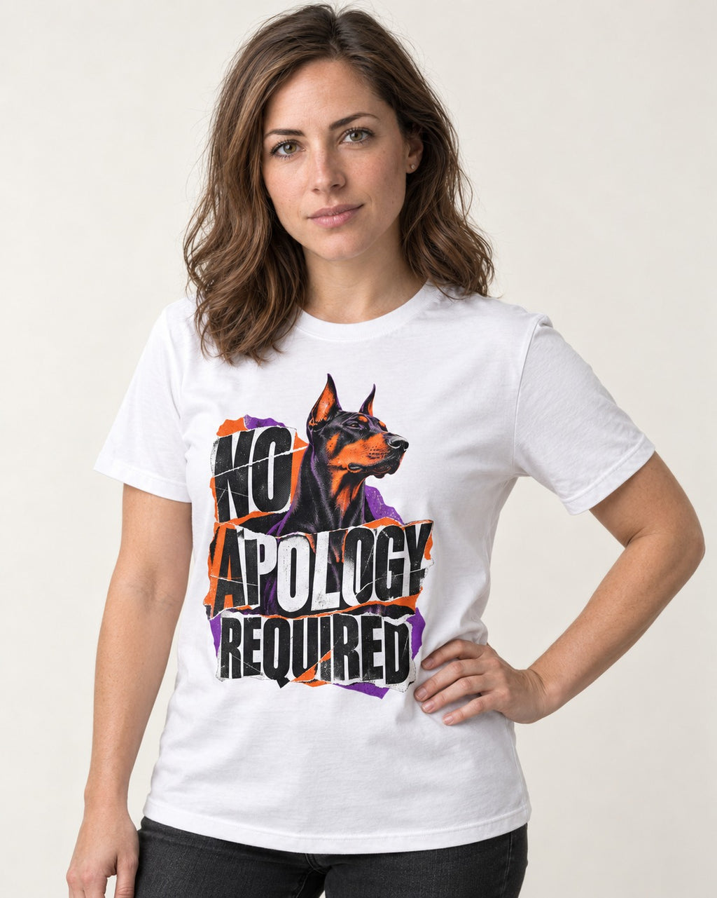Doberman No Apology Required Torn Paper Graphic T-Shirt in White, worn by a model