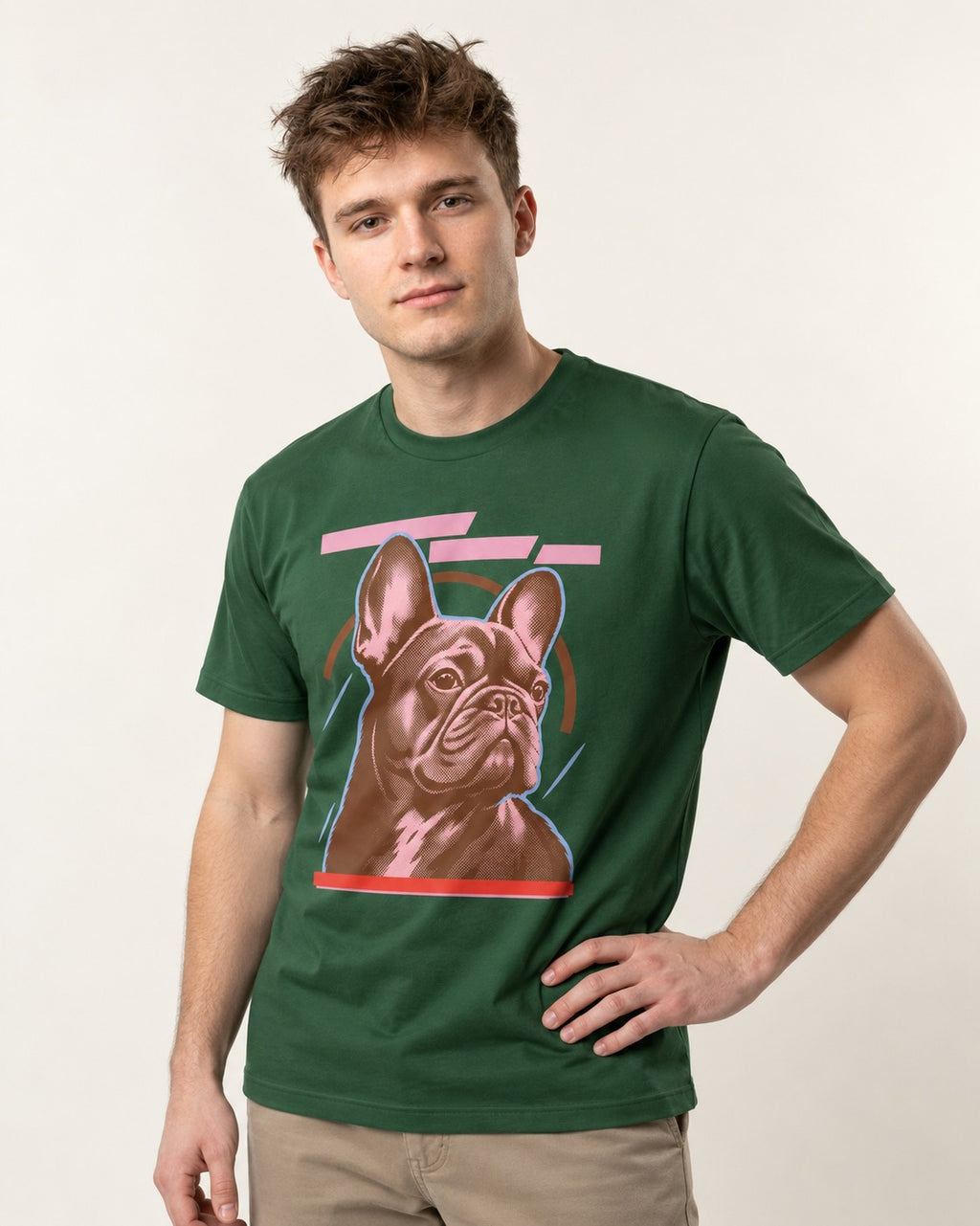 Frenchie Geometric Portrait Graphic T-Shirt in Forest Green, worn by a model