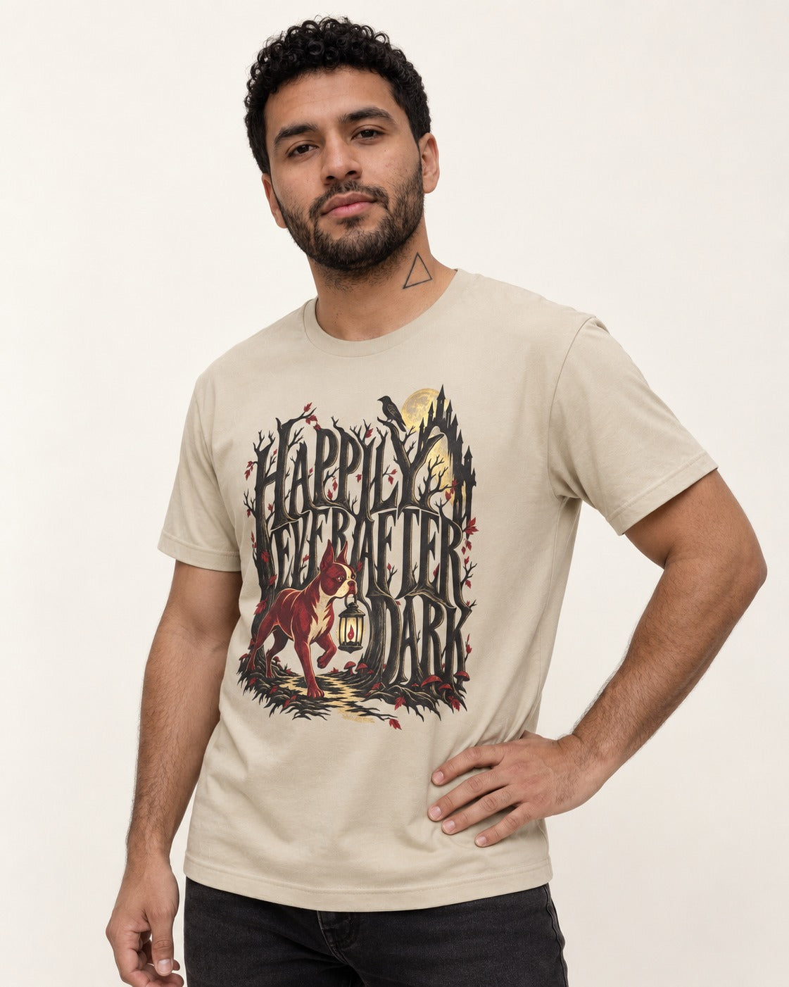 Happily Ever After Dark Boston Terrier T-Shirt in Sand, worn by a model