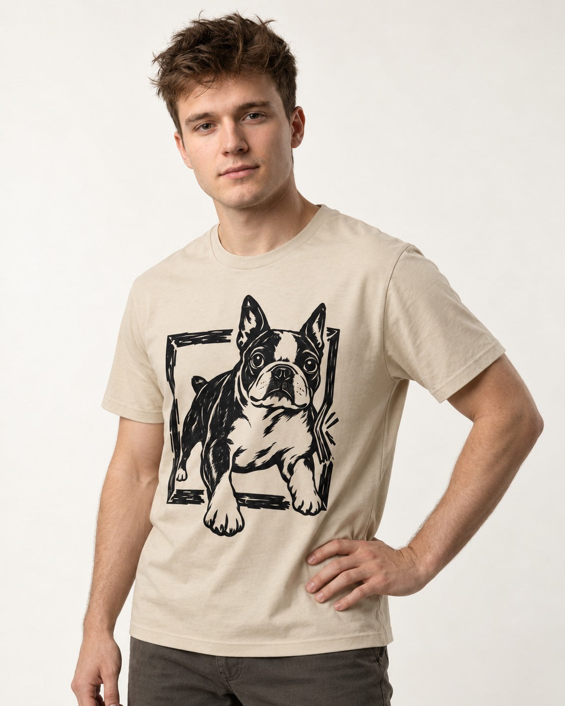 Boston Terrier Unstoppable T-Shirt in Sand, worn by a model