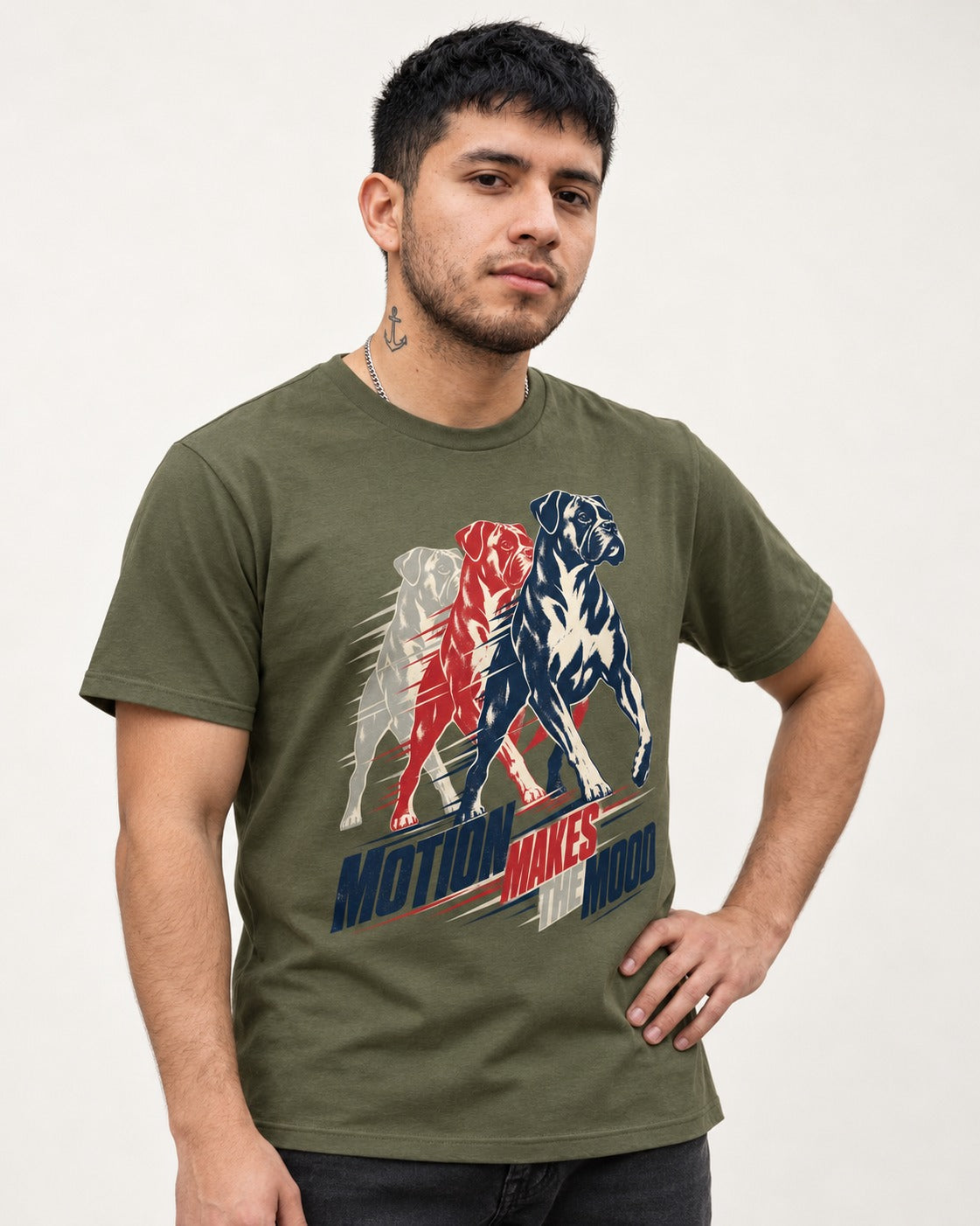 Boxer Motion Makes the Mood T-Shirt in Heather Military Green, worn by a model