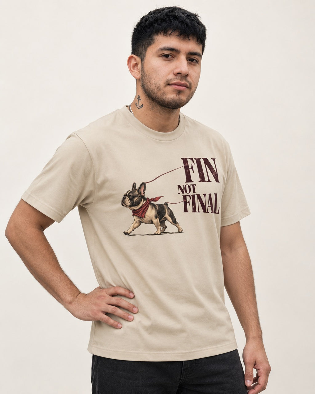 Frenchie Fin Not Final T-Shirt in Sand, worn by a model