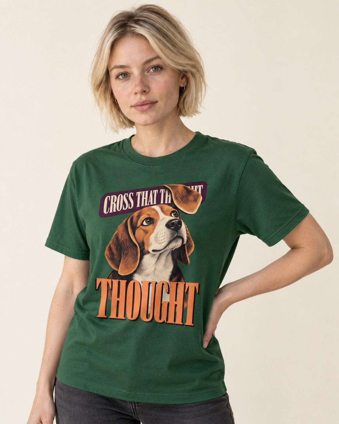 Cross That Beagle Thought T-Shirt in Forest Green, worn by a model
