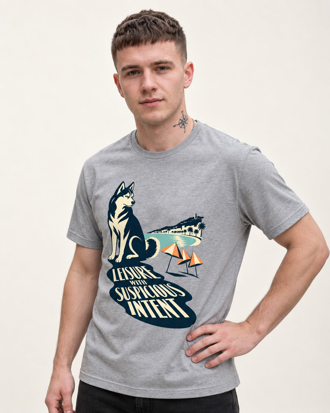 Husky Leisure with Suspicious Intent T-Shirt in Sport Grey, worn by a model
