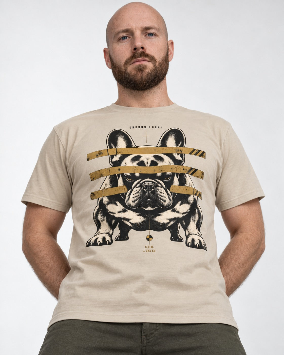 Frenchie Ground Force Industrial Barrier Graphic T-Shirt in Sand, worn by a model